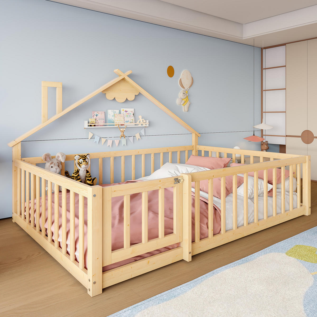 KINDERBETT Hausbett 140/190 cm aus Kiefernholz in Natur mit Sicherheitsgeländer - Naturfarben, Holz (140/190cm) - BEAOK