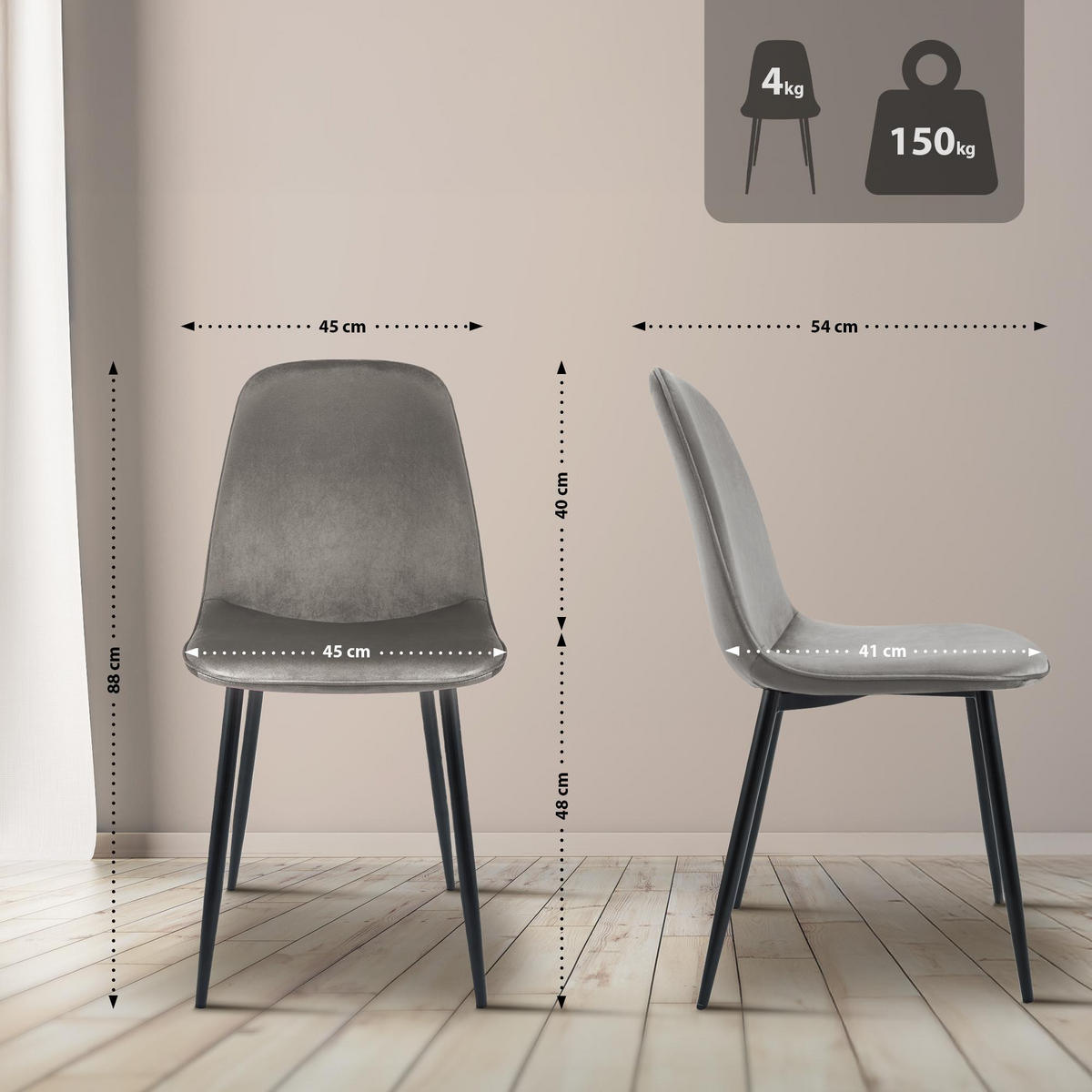 ESSZIMMERSTUHL Samt Hellgrau - Hellgrau/Schwarz, Textil/Metall (45/88/54cm) - CLP