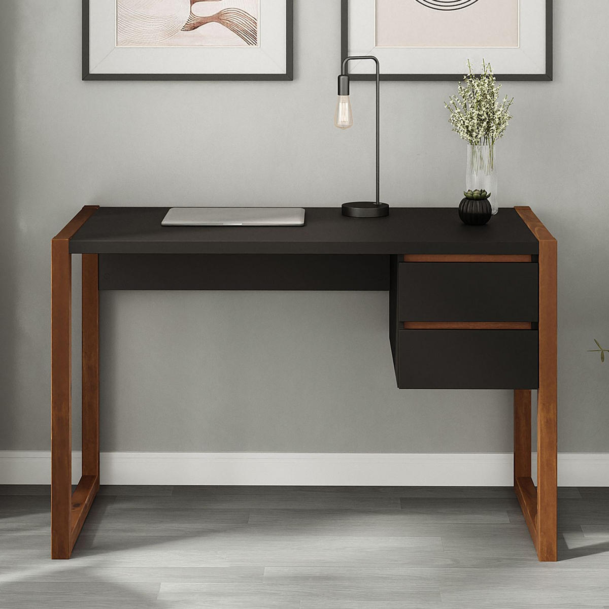 SCHREIBTISCH BELINDA schwarz/Kastanie - Kastanienfarben/Schwarz, Holz (54/118/75cm) - IDIMEX