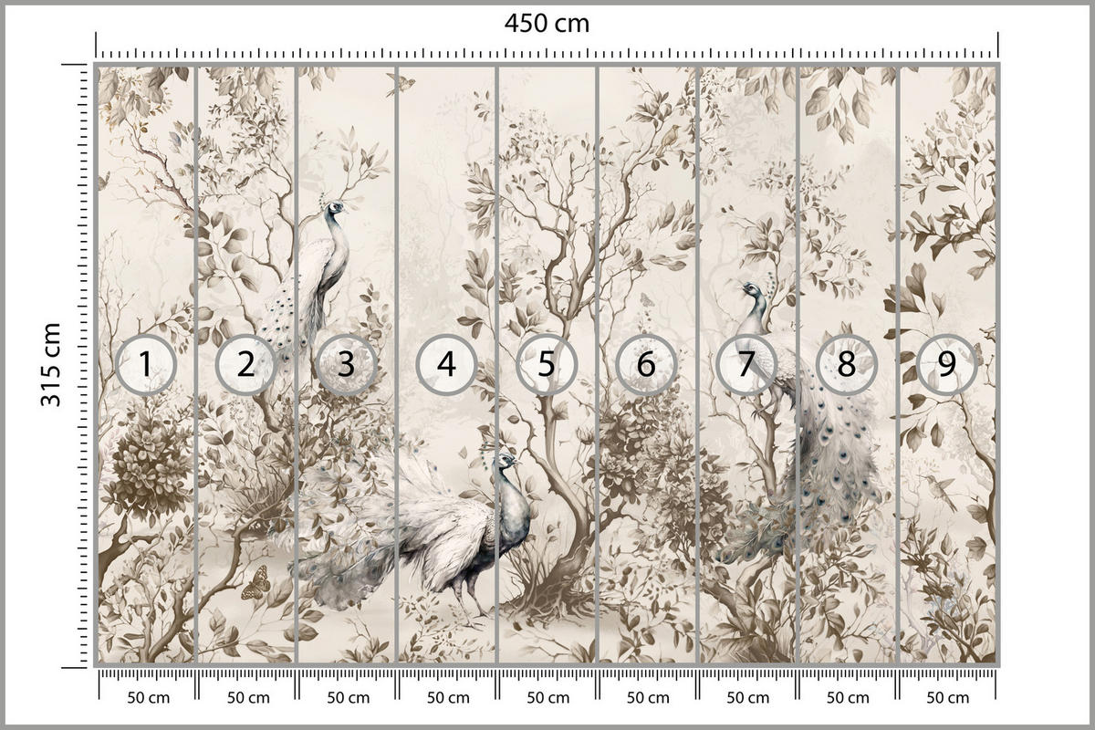 FOTOTAPETE für Wohnzimmer Pfauen Zwischen Bäumen Büsche Blätter 450x315 - Beige, Papier (450/315cm) - Muralo