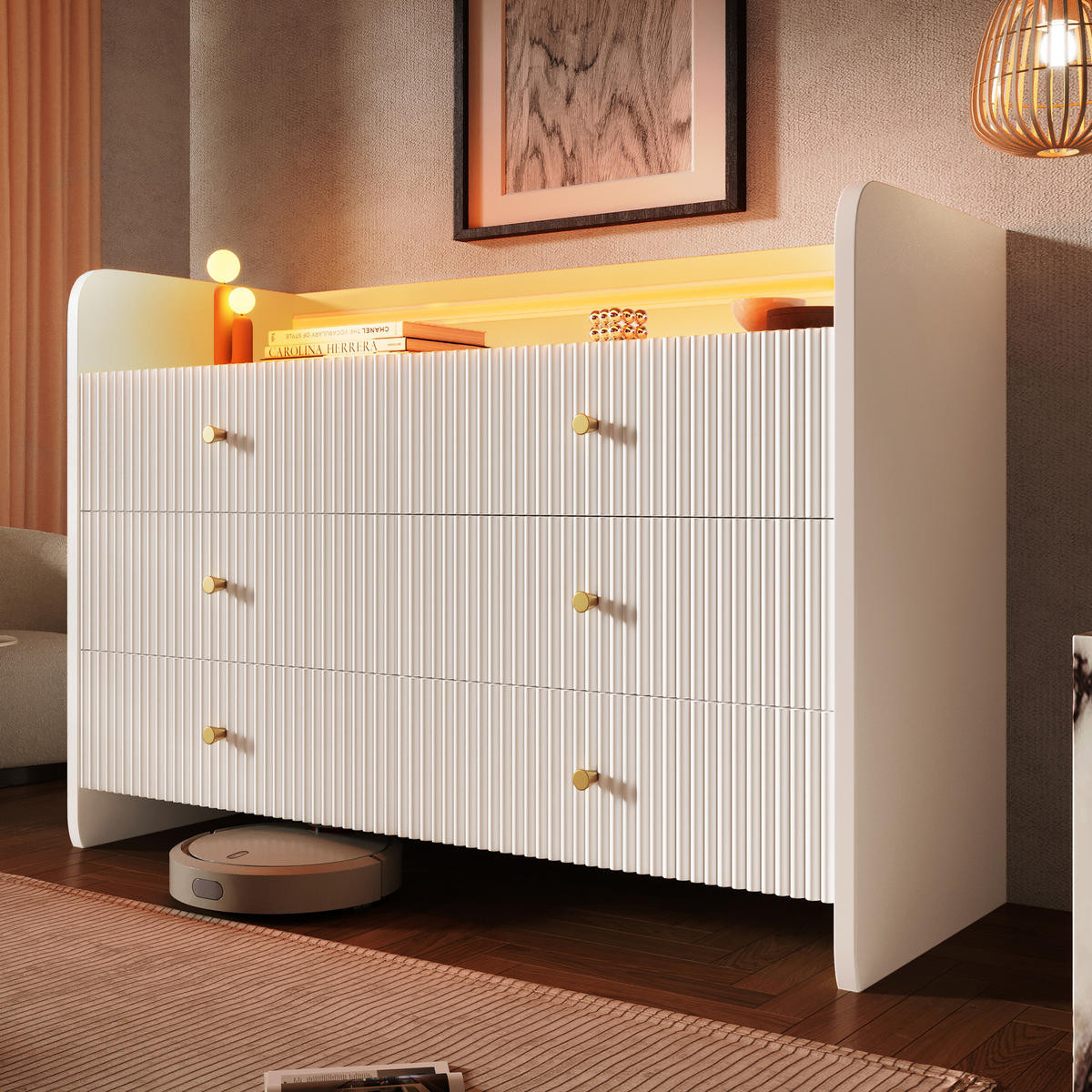 SIDEBOARD aus Spanplatte 120x40x75 cm Weiß mit LED-Beleuchtung, 6 Schubladen und Wellenfront - Weiß, Holzwerkstoff (120/75/40cm) - Modfu