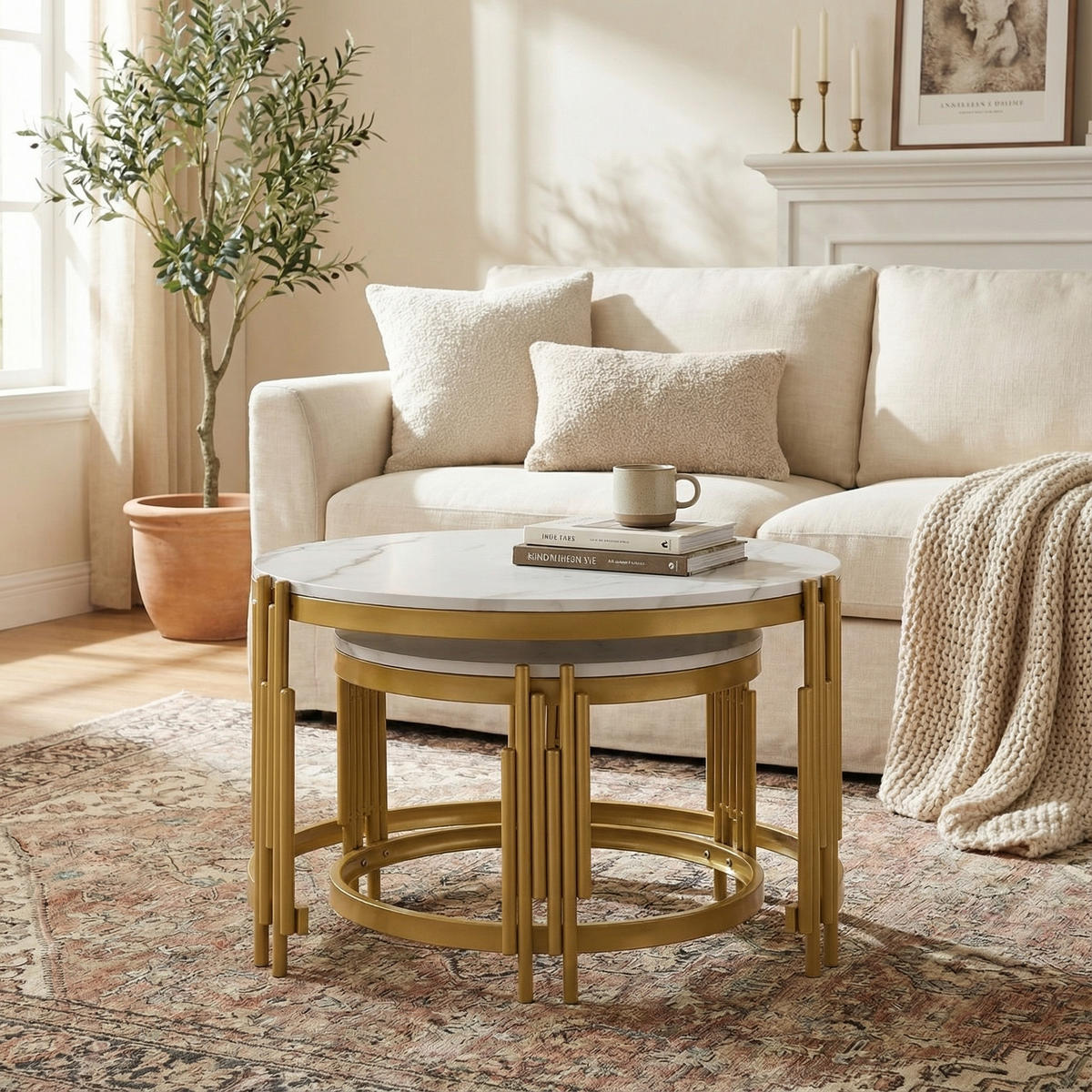 SATZTISCHE Runde in Marmor-Optik Weiß & Gold - Weiß, Holzwerkstoff (71.5/71.5/44cm) - Urban Meuble
