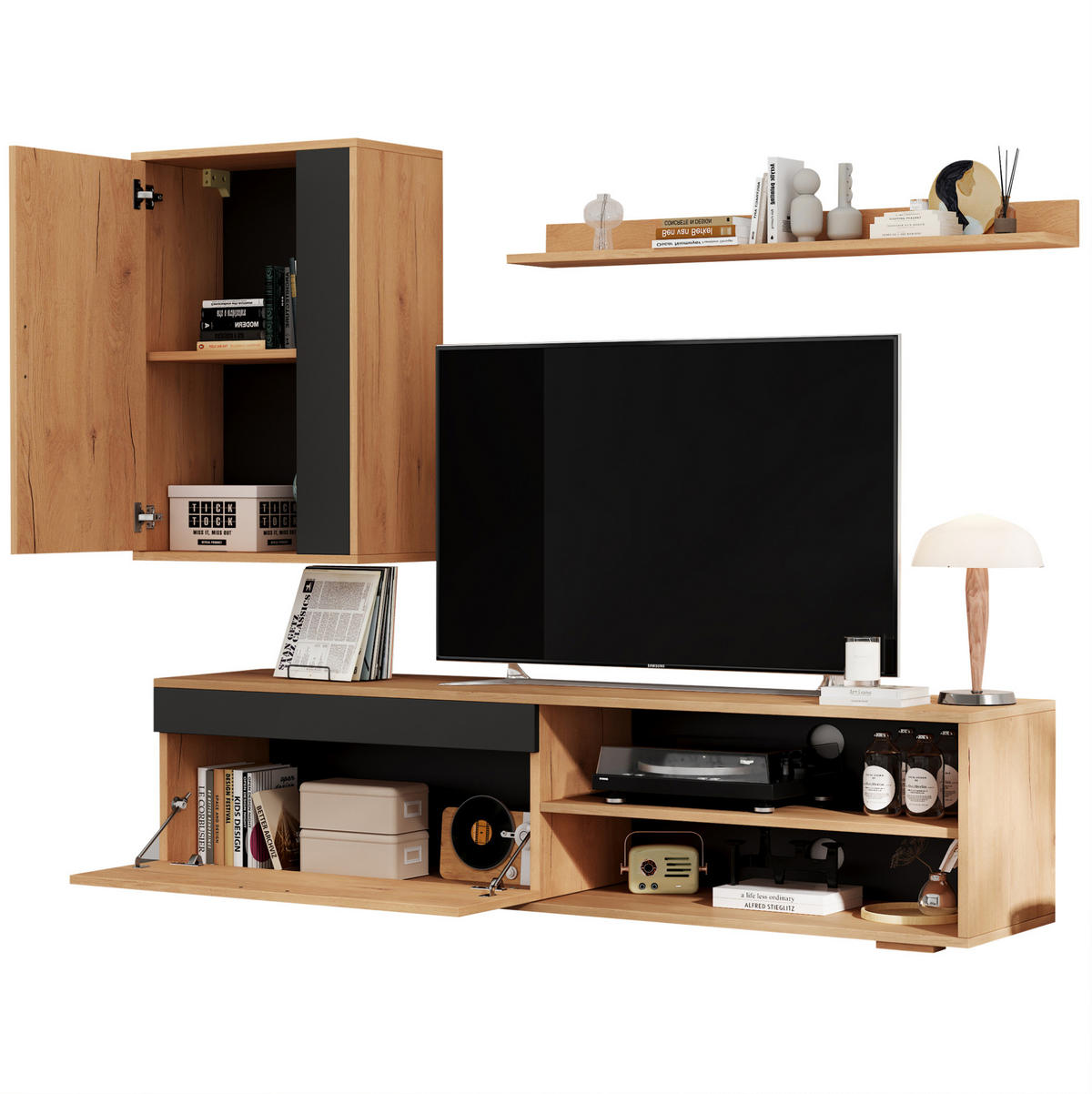 TV-MÖBEL-SET aus Spanplatte 140x35x39 cm Eichefarben/Schwarz mit Wandschrank und Wandregal, Soft-Close und Stauraum - Naturfarben, Holzwerkstoff (140/39/35cm) - Modfu