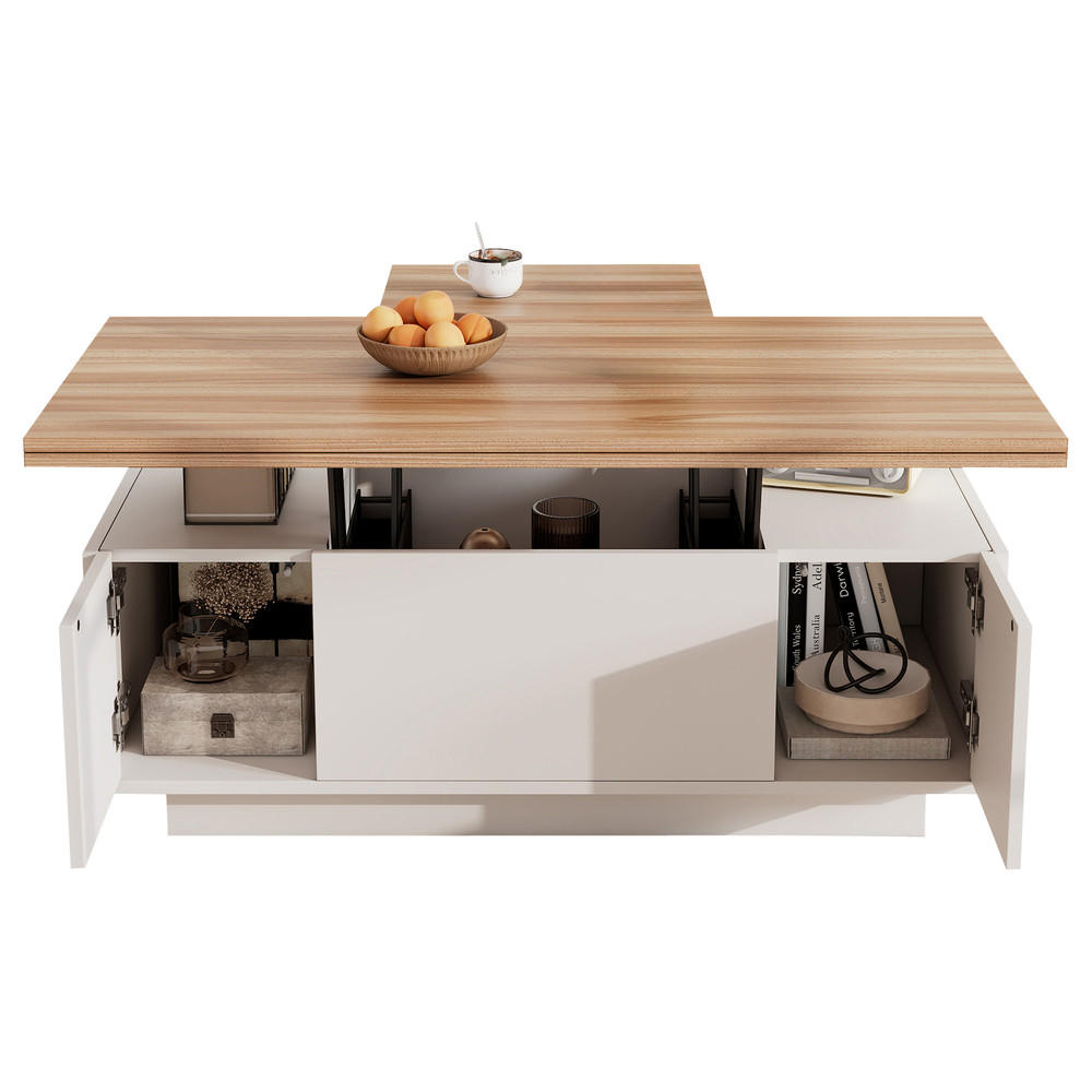 COUCHTISCH Doppel-Hebemechanismus Holzfarben Versteckter Stauraum 50kg - Weiß, Holz (109/61/9.5cm) - FLIEKS