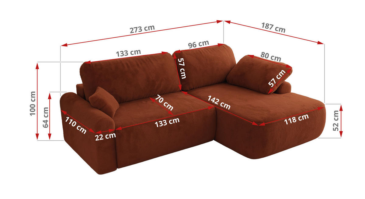 ECKSCHLAFSOFA CUBO L Orange Plüsch - links - Schwarz/Orange, Kunststoff/Textil (273/187cm) - MKS