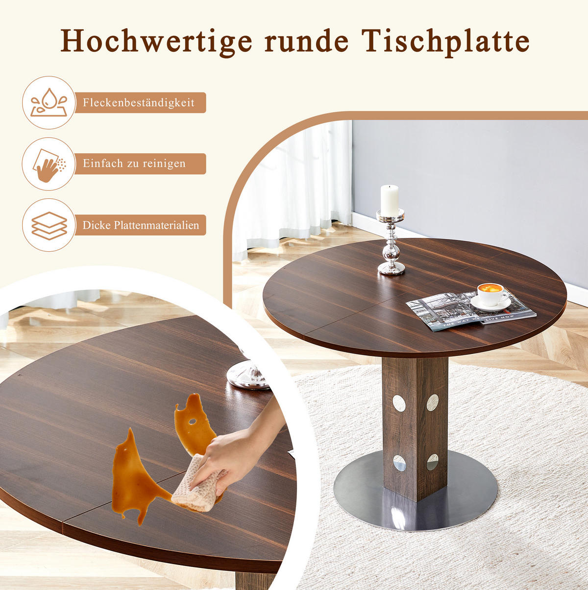 ESSTISCH aus MDF und Metall 100x100x76 cm Walnussfarben rund, pflegeleicht und vielseitig - Walnussfarben, Holzwerkstoff (100/100/76cm) - Modfu
