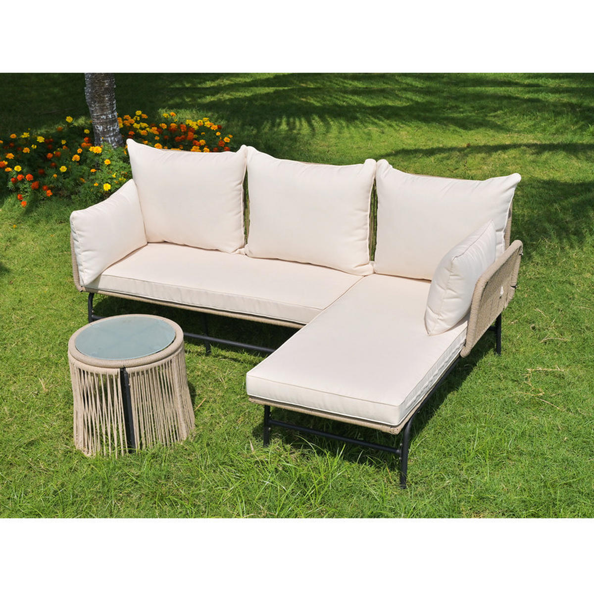 GARTENLOUNGE-SET BEIGE L-förmig mit Seilgeflecht und Tisch - Beige, Textil - BLACKCUP