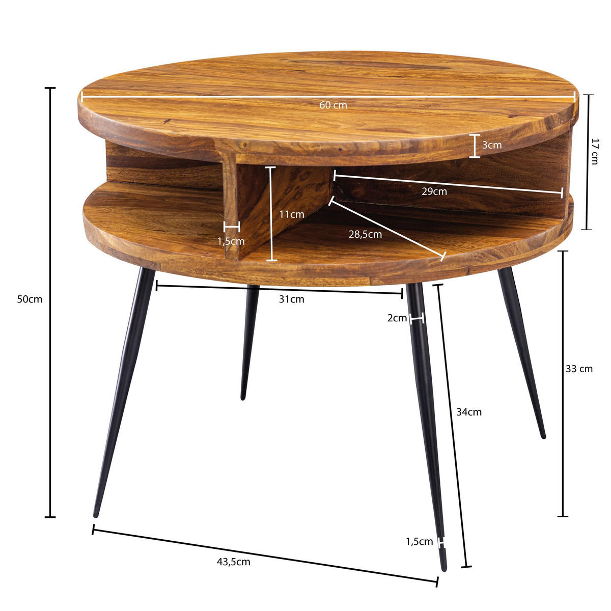 COUCHTISCH rund ANIL Sofatisch - Sheeshamfarben, Holz (60/60/50cm) - tinkaro