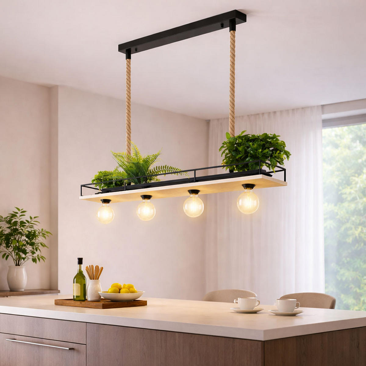 HÄNGELEUCHTE LED Holz/Metall braun/schwarz, 4-flg., 95 cm - Braun, Holz (95/15/120cm) - Globo Lighting