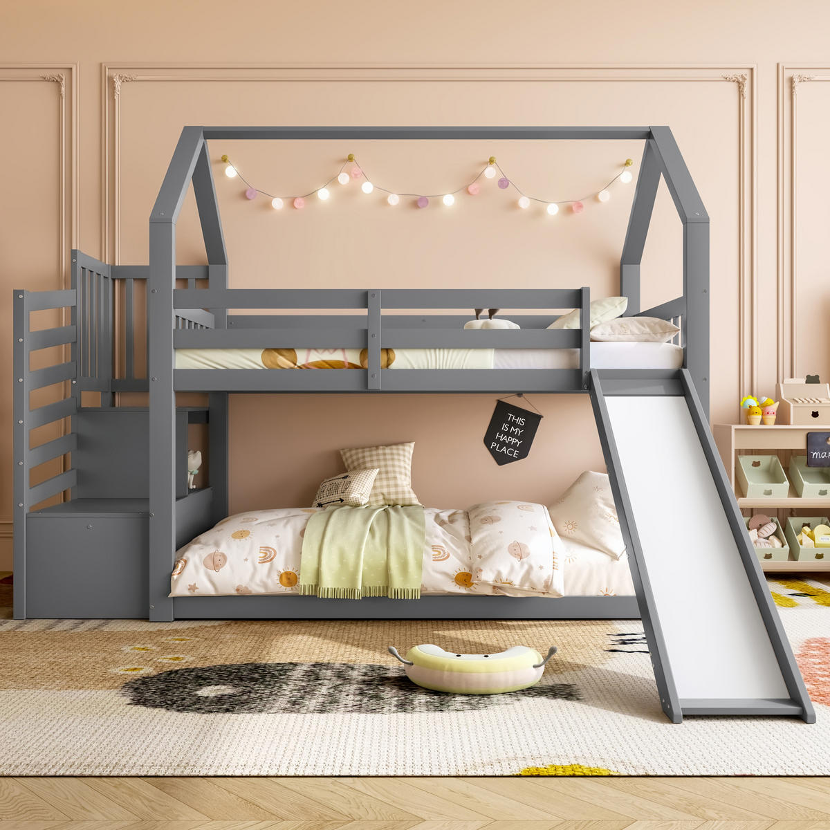 ETAGENBETT aus Kiefernholz und MDF 90x200 cm Grau mit Stauraumtreppe, Rutsche und Hausdesign - Grau, Holzwerkstoff (90/200cm) - Modfu