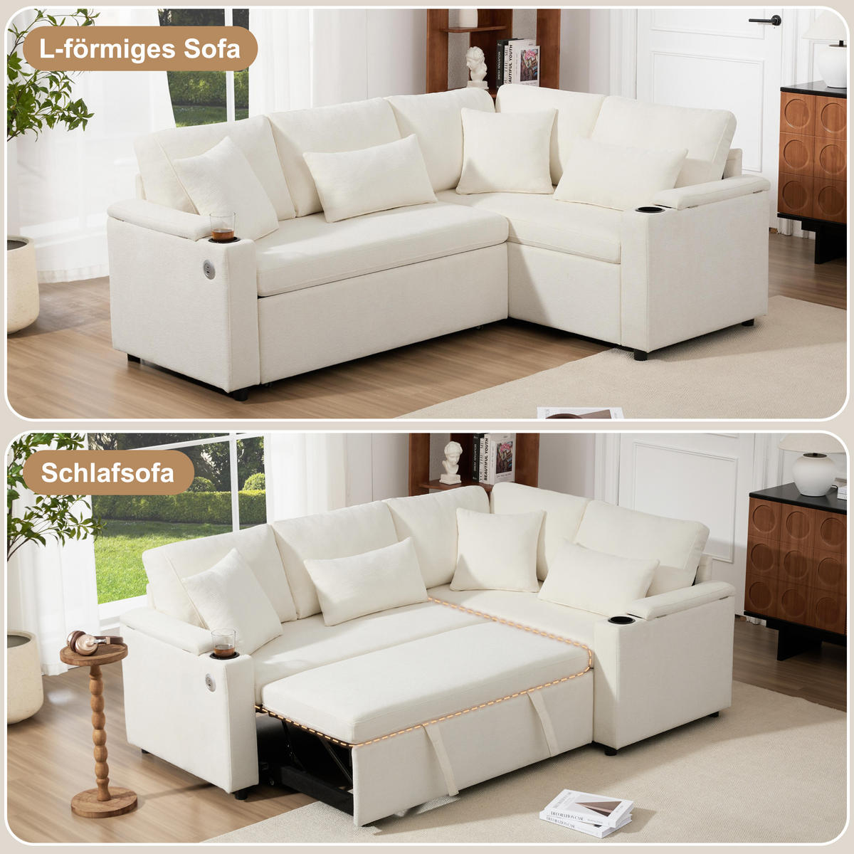 ECKSCHLAFSOFA Chenille Beige mit Stauraum, USB und Kissen - Beige, Holzwerkstoff/Kunststoff (206.5/141cm) - WISHDOR
