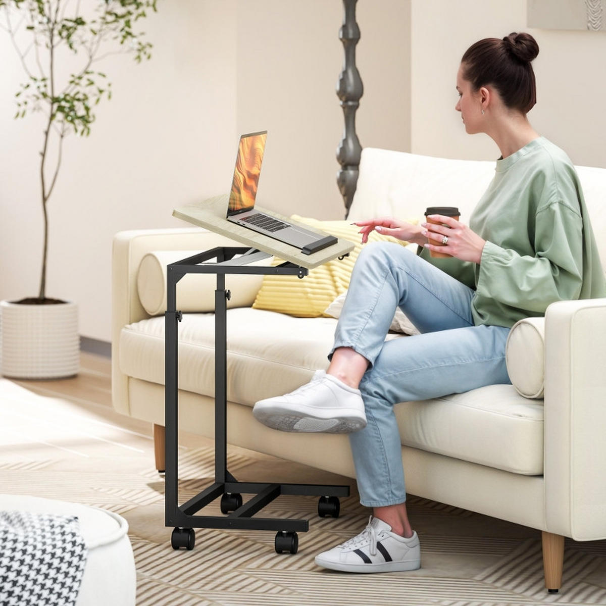 BEISTELLTISCH 55/36/62,5-82,5 cm Weiß in C-Form höhenverstellbar mit Rollen - Eichefarben, Holzwerkstoff (55/36/82.5cm) - OKWISH