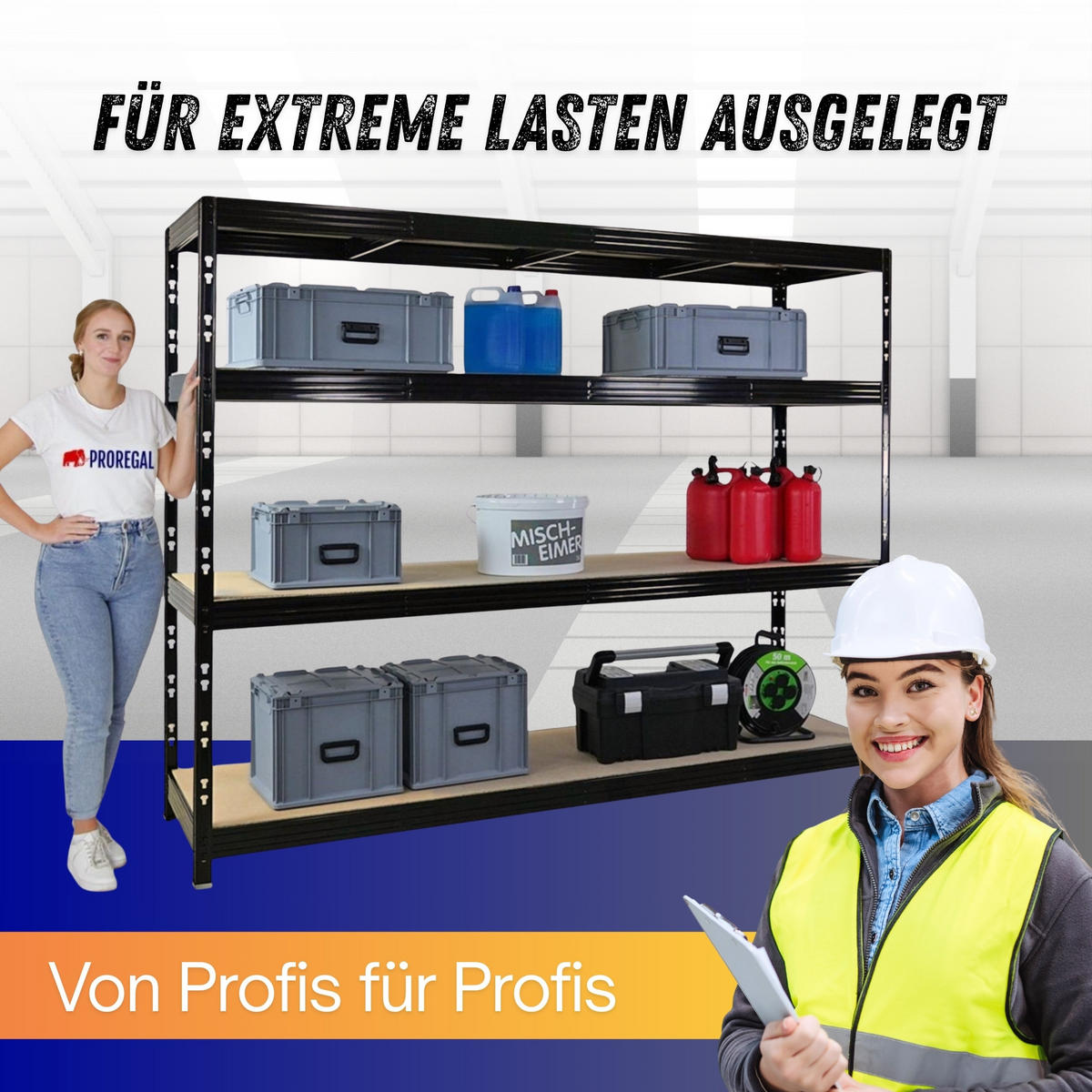 SCHWERLASTREGAL Rhino 180x240x60cm, 4 Spanplatten-Ebenen 8mm, Fachlast 450kg, Schwarz - Schwarz, Metall (240/180/60cm) - PROREGAL