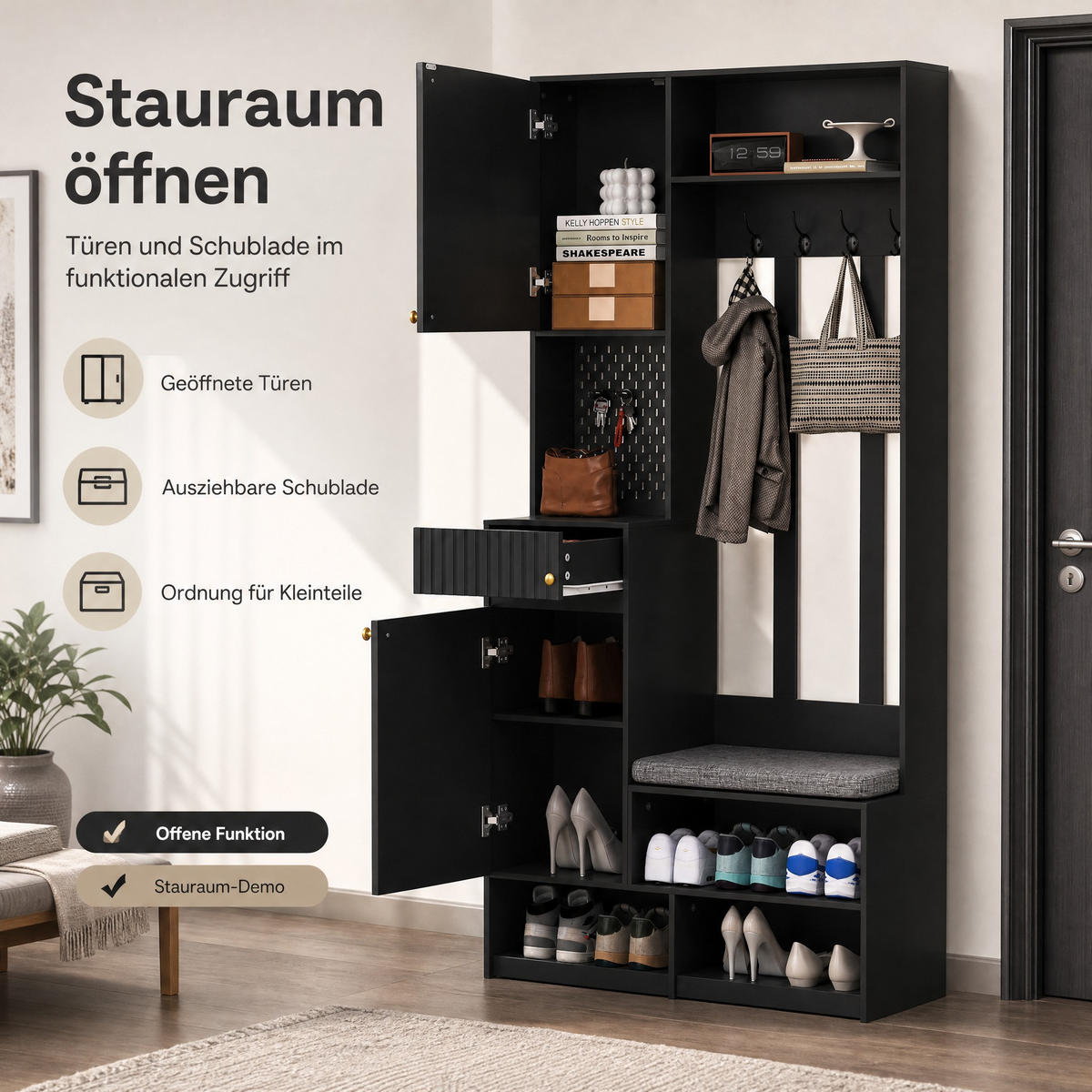 GARDEROBE 100/180/35 cm Schwarz aus MDF mit Sitzbank - Schwarz/Grau, Holzwerkstoff (35/180/100cm) - OKMYHOME