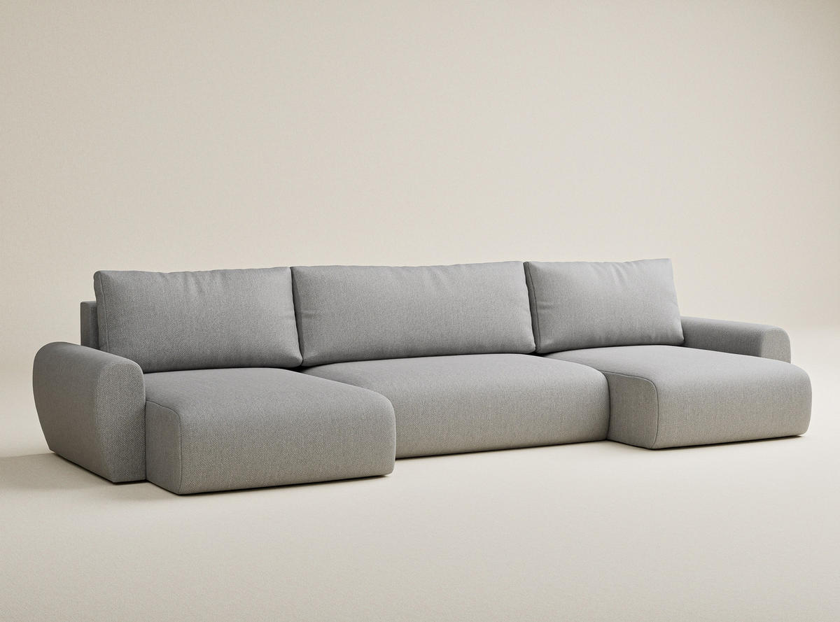 WOHNLANDSCHAFT MIT SCHLAFFUNKTION Numba Hellgrau Webstoff - Hellgrau/Schwarz, Holz/Holzwerkstoff (397/70/153cm) - Maison de Reve