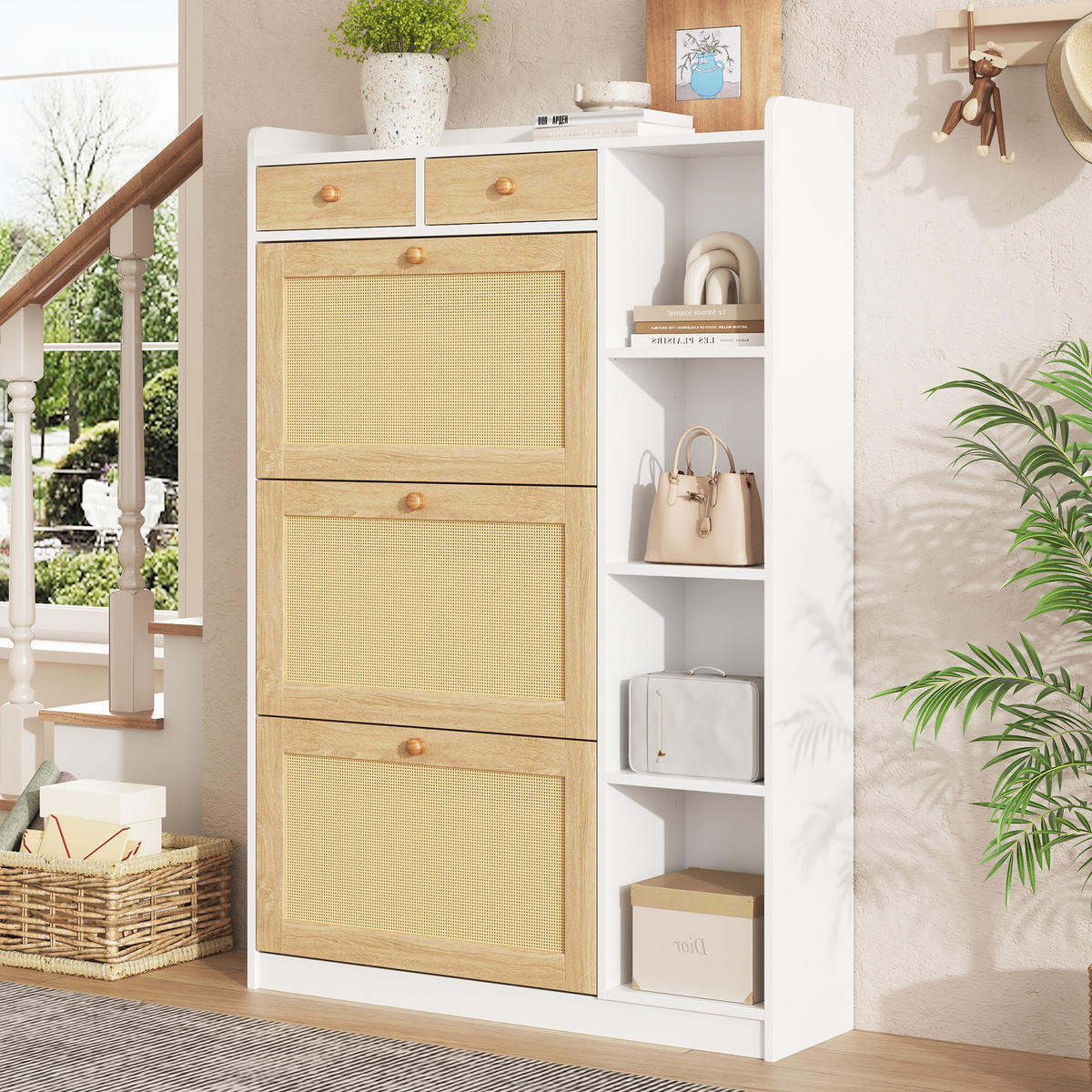 SCHUHSCHRANK 90x24x130cm Rattan mit 3 Klappen, 2 Schubl. - Weiß/Naturfarben, Holzwerkstoff (90/130/24cm) - FLIEKS