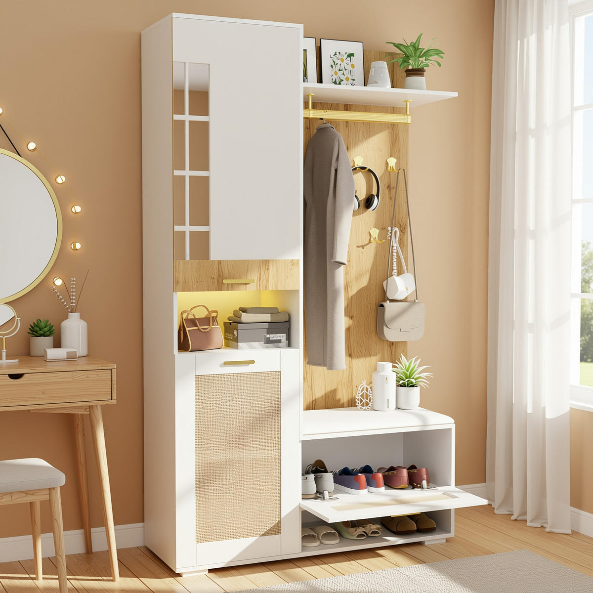 GARDEROBEN-SET 110 cm in Weiß/Holz mit Spiegel Rattan-Optik - Naturfarben, Holzwerkstoff (110/190/38cm) - Urban Meuble