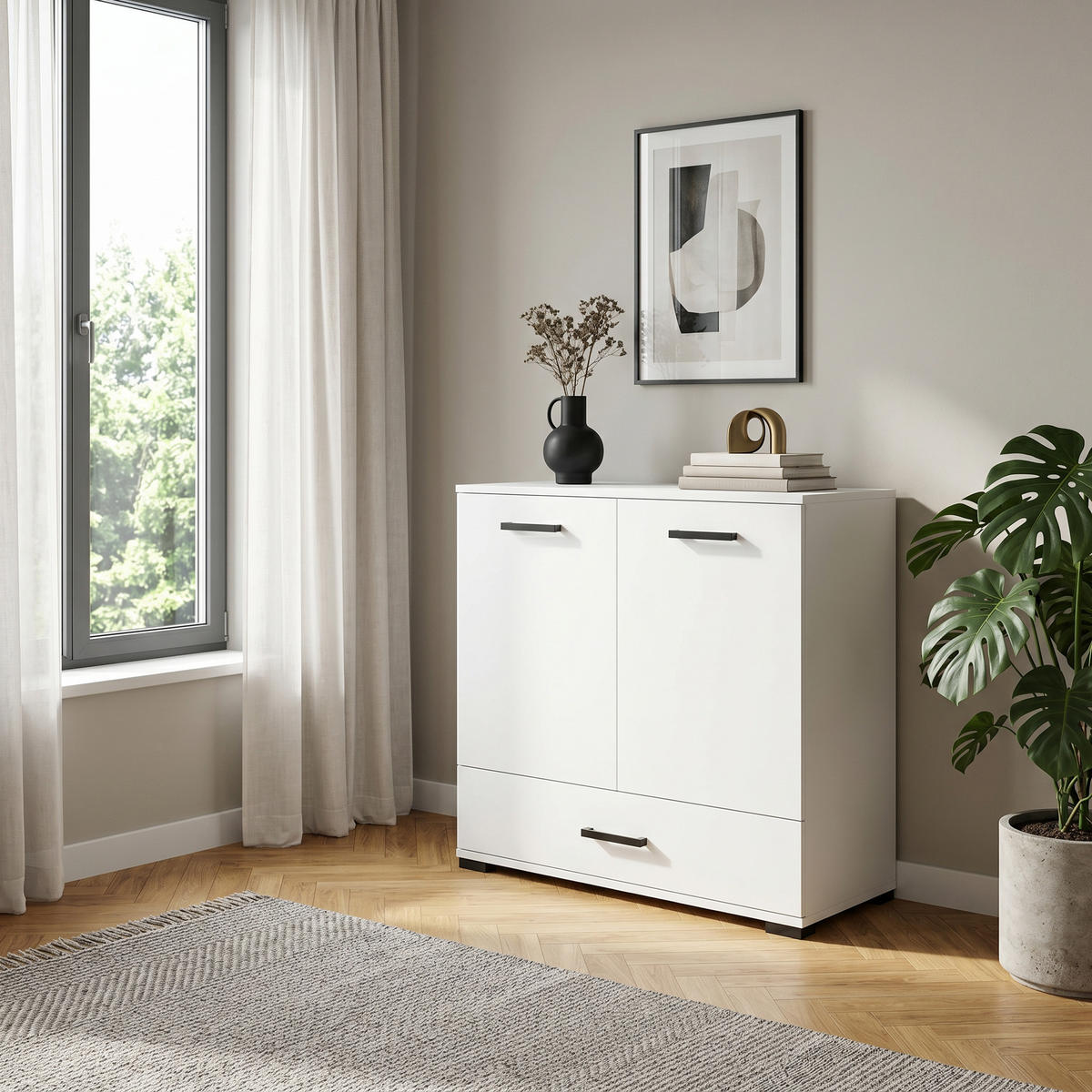 KOMMODE ALBANO 90/83/40cm mit 1 Schubladen 2 Türen Weiß - Weiß, Holzwerkstoff (90/83/40cm) - MASSENO