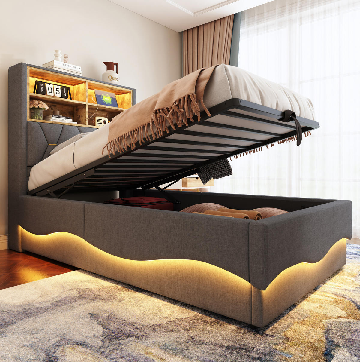 BETT mit Stauraum und LED 90x200 cm Leinenstoff Grau - Grau, Metall (90/200cm) - Beauniv