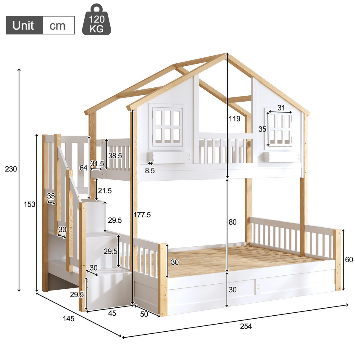 ETAGENBETT aus Kiefer 90x200+140x200 cm Weiß mit hydraulischem Unterbett, Stauraumtreppe und LED - Weiß, Holz (90/200cm) - Modfu