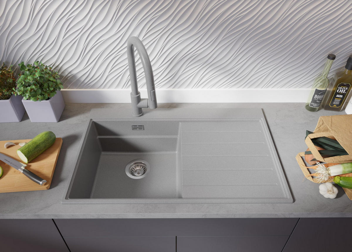 SPÜLBECKEN Sydney, 2-er set Grau 78/50 cm 1 Becken + Ablauf-Set + Küchenzubehörset ab 45er Unterschrank - Chromfarben/Beige, Kunststoff (78/20/50cm) - Primagran