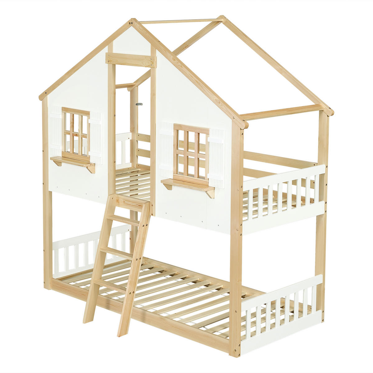 ETAGENBETT Kinderbett 90x200 cm Weiß/Natur mit Dach und Fenstern - Weiß, Holz (90/200cm) - Meubliv