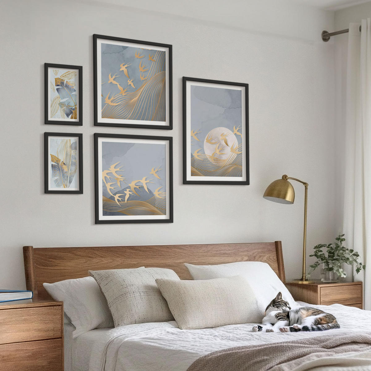 WANDBILDER 5er-Set - 50x50 cm & 20x30 cm & 40x60 cm Schwarzer Rahmen - Blaubeige Blätter im Hintergrund - Schwarz, Kunststoff (40/60cm) - ArtPrintCave