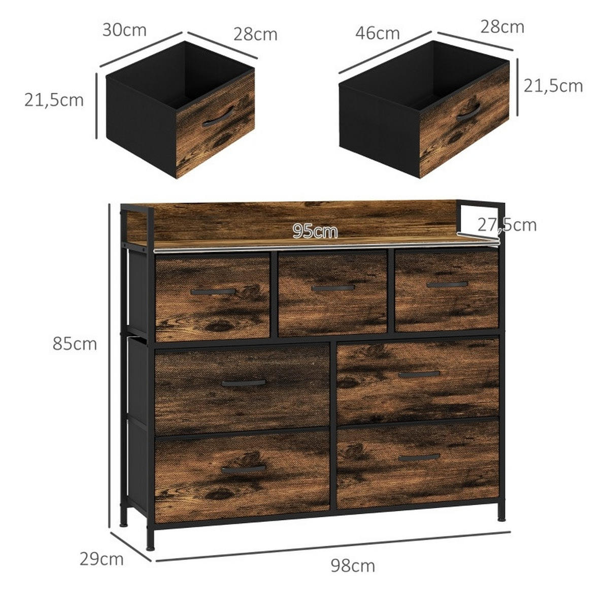 KOMMODE 98/29/85 cm aus Polyester, Stahl & MDF mit 7 Stoffschubladen Braun - Braun, Holzwerkstoff (98/85/29cm) - Modenvie