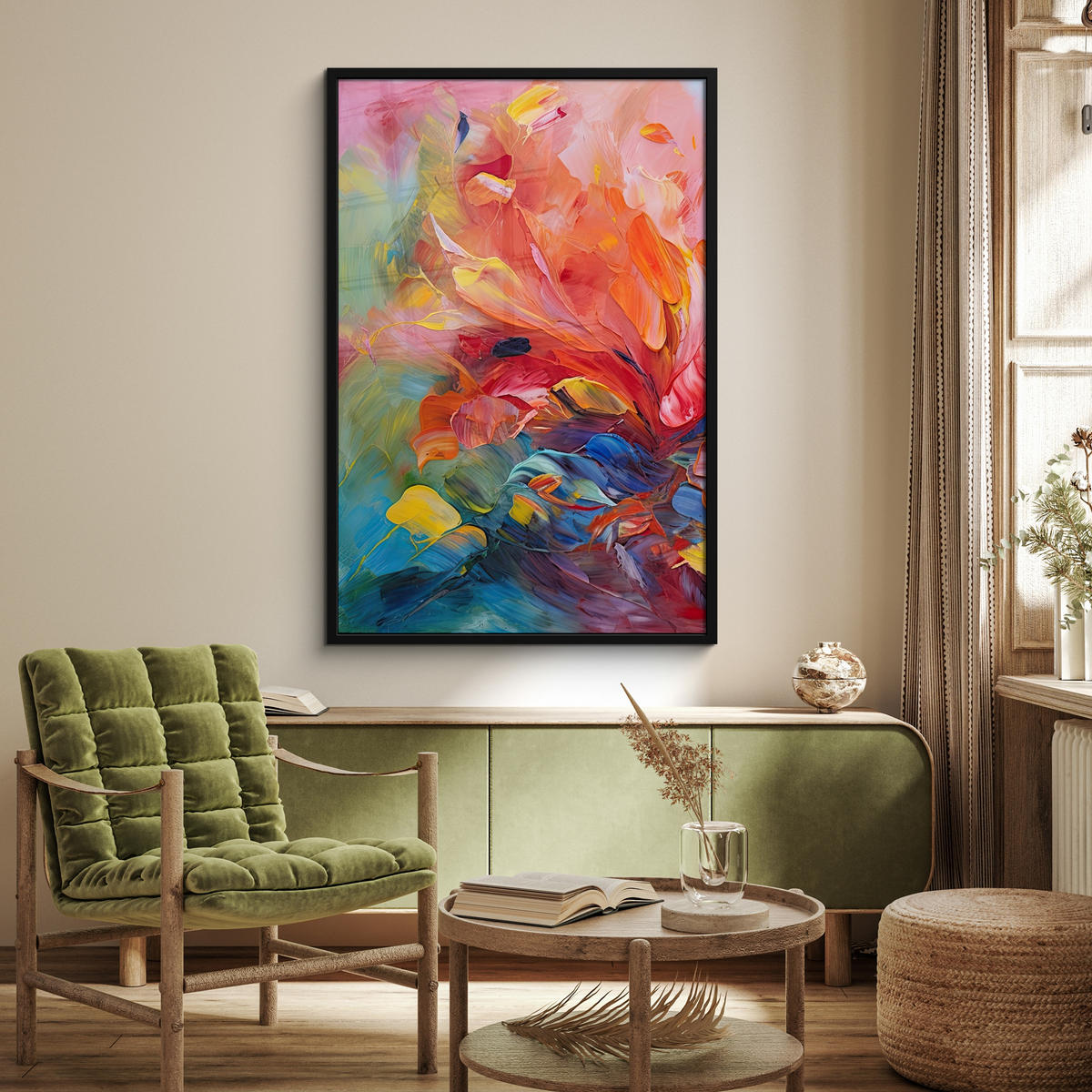 GERAHMTES BILD Ölgemälde - Kunst - Abstrakt - Farbenfroh 80x120 cm - Altrosa, Papier (80/120cm) - MuchoWow
