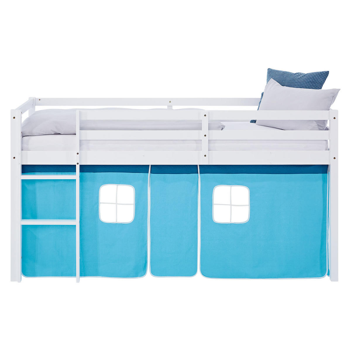 HOCHBETT 90/200 cm in weiß mit Matratze + Lattenrost + Bettvorhang Blau - Blau/Pastellblau, Holz/Textil (90/200cm) - Homestyle4u