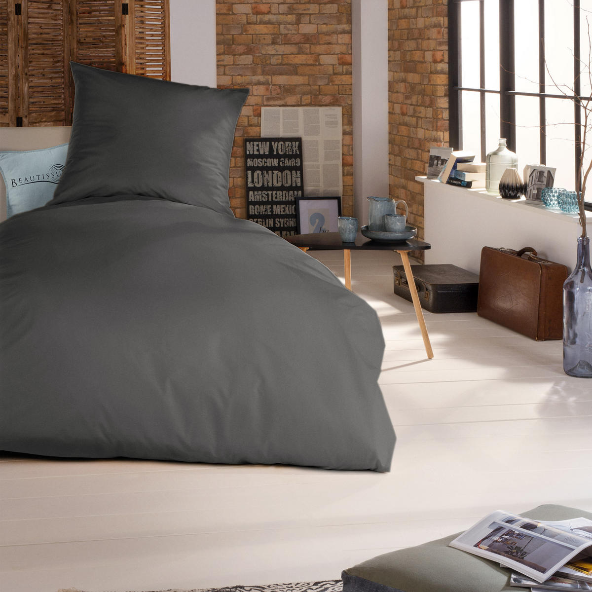 BETTWÄSCHE Julie 135/200 cm + Kissenbezug 80/80 cm Anthrazit Renforcé - Anthrazit, Textil (135/200cm)