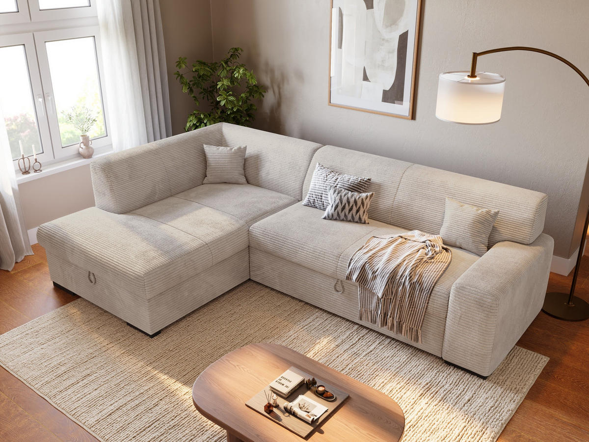 ECKSOFA mit Schlaffunktion Cordstoff MILENZO Vanille Links - Creme, Holz (260/175cm) - Bromarkt