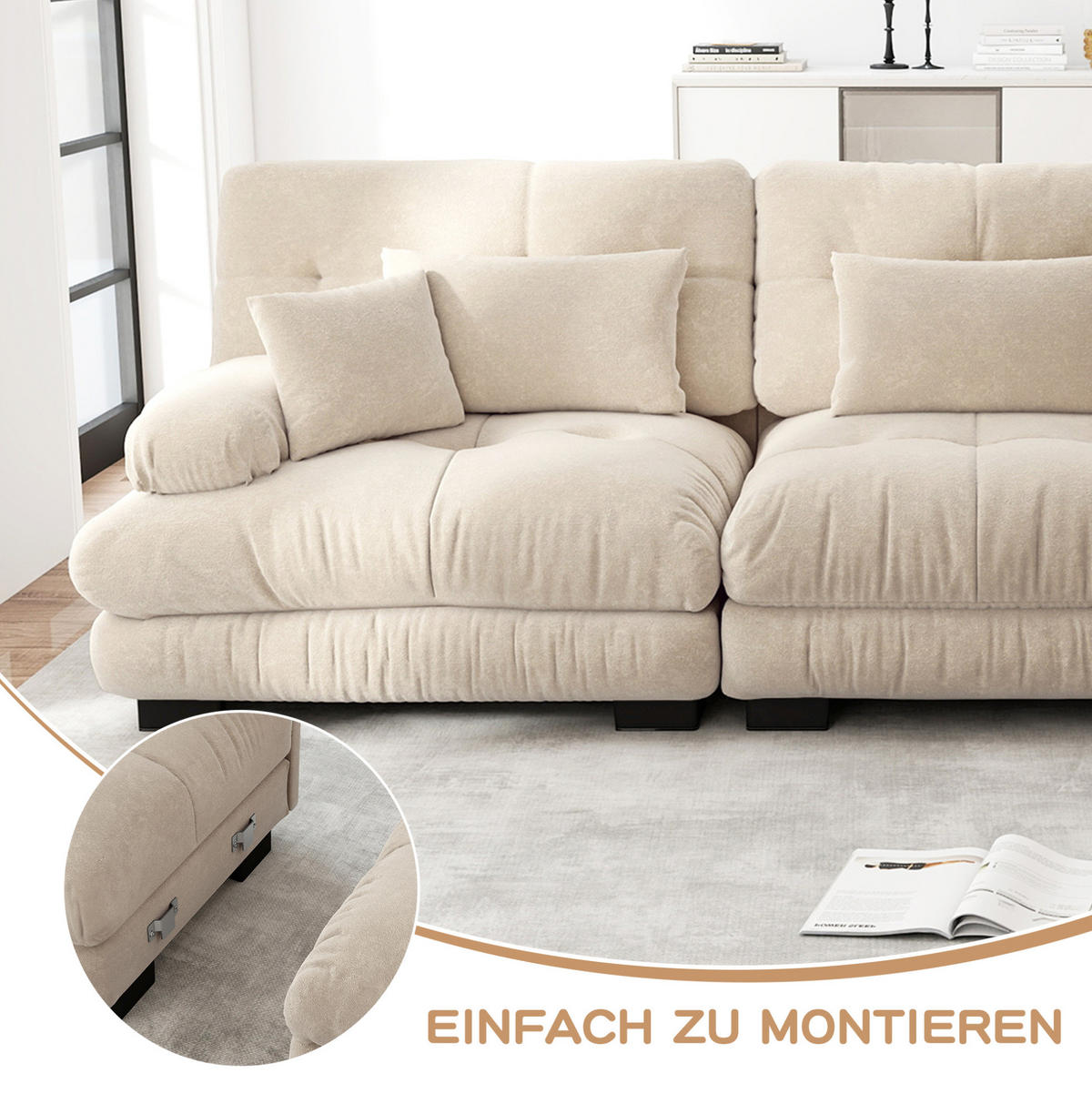 ECKSOFA mit beweglichen Ottomane, tiefem Sitz und Vintage-Chenille-Bezug, Hellkaffee - Cappuccino, Textil (313/145cm) - Redom