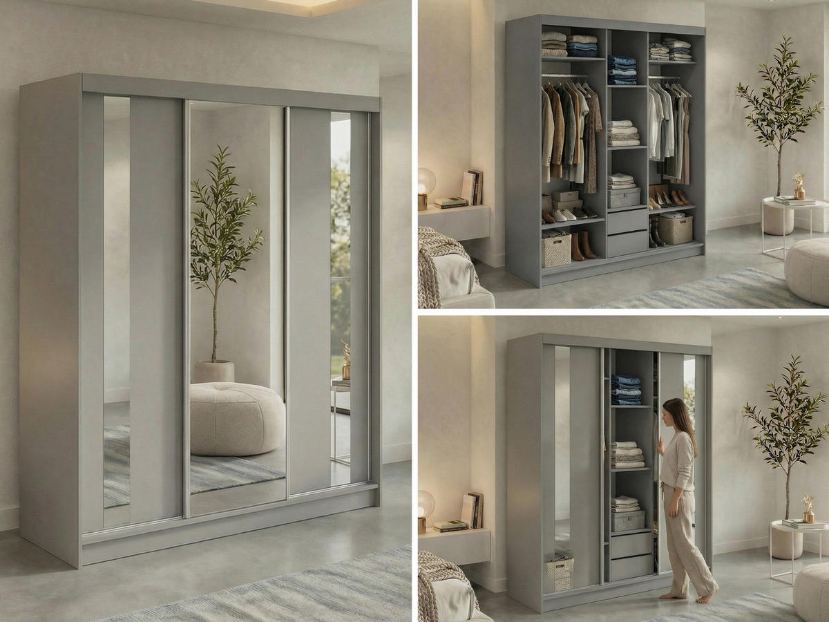 SCHWEBETÜRENSCHRANK mit Schubladen 180 - GRECJA - Grau mit Spiegel - Alufarben/Grau, Holzwerkstoff/Metall (180/216/61cm) - MKS