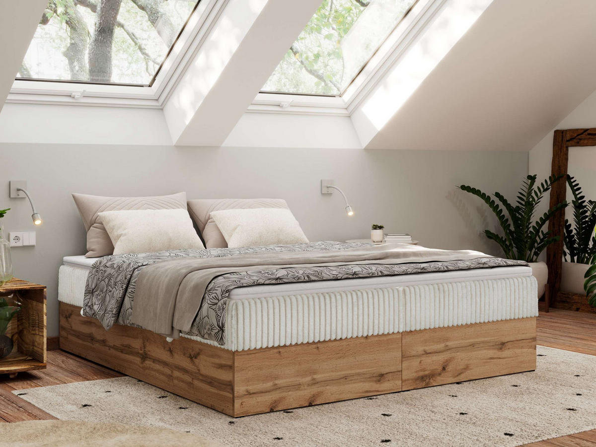 BOXBETT WOOD ZERO 140/200 - Beige Cord - H3 - Topper T25 - Beige, Textil (140/200cm) - MKS