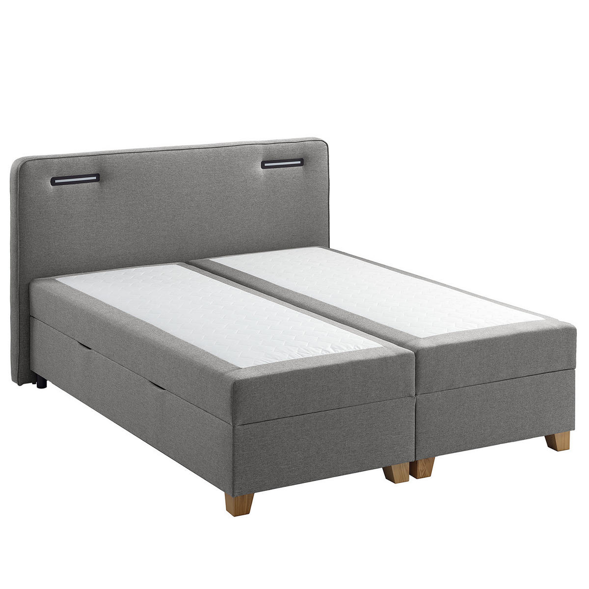 BOXBETT mit Stauraum - inkl. Beleuchtung - Taupe/Grau, Holz/Textil (180/200cm) - home24
