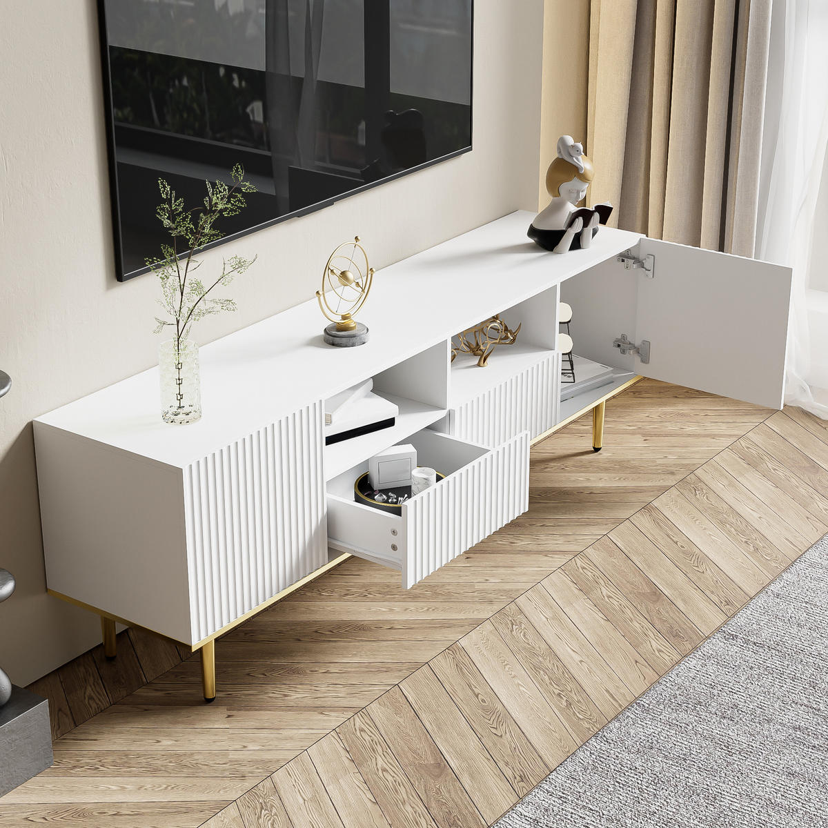 TV-ELEMENTMODERNER 165x36x55cm Schwarz-Gold mit Schubladen und Goldenen Füßen - Weiß, Holz (43/19.5/97cm) - Raelunyi