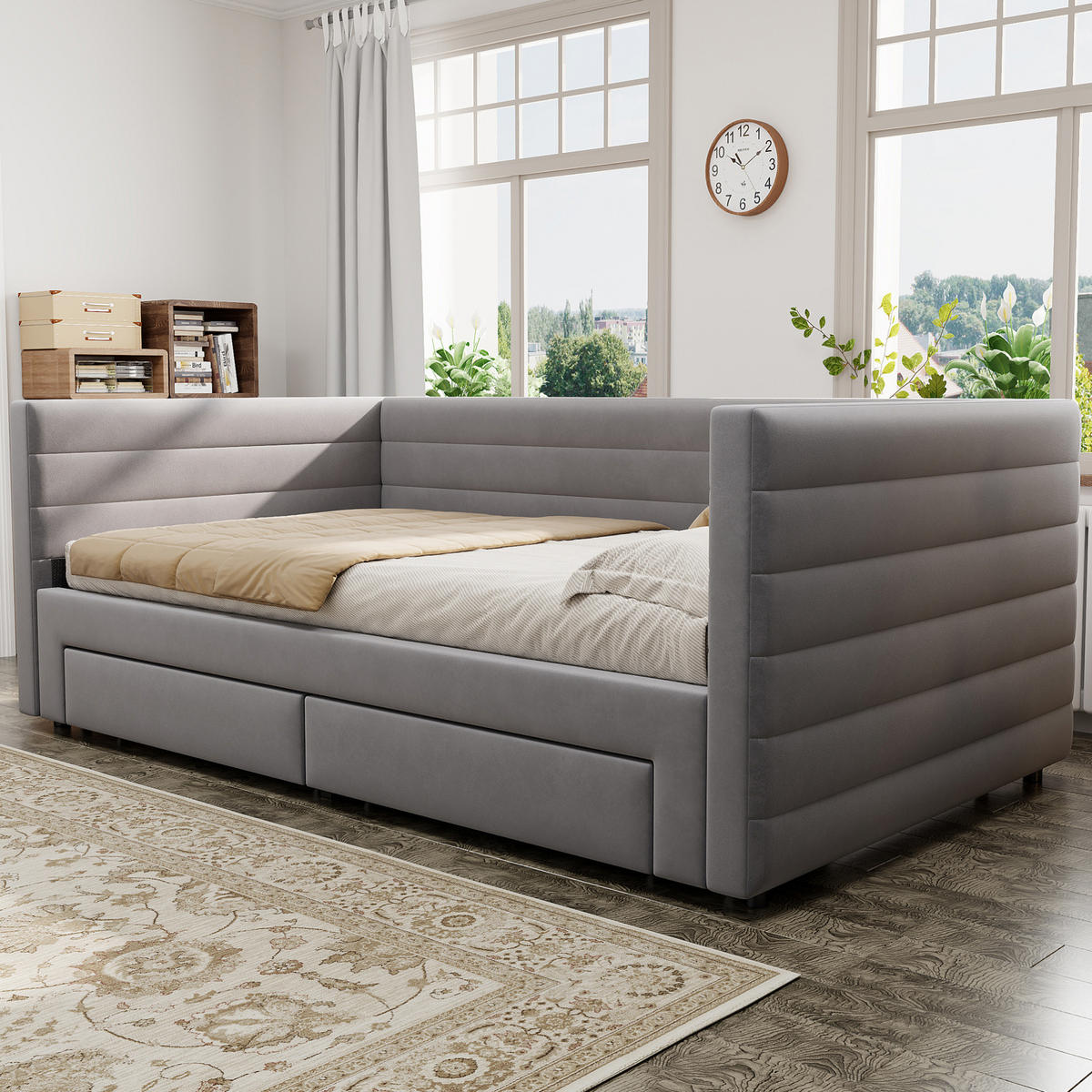 POLSTERBETT 90/190 cm Grau 3-in-1 Polsterschlafsofa mit Stauraumschubladen mit Lattenrost - Grau, Textil (90/190cm) - OKWISH