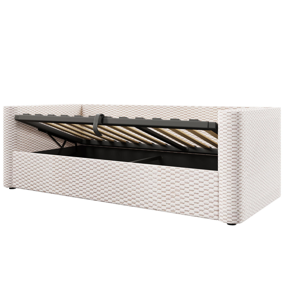 STAURAUMBETT 90/200 cm DE-04696, mit LED und Hydraulik in Beige - Beige, Holzwerkstoff/Metall (90/200cm) - ComfortXL