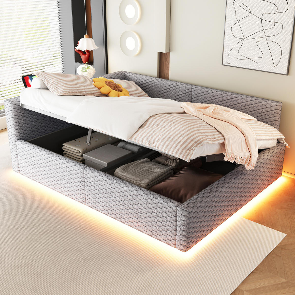 POLSTERBETT mit Bettkasten 140x200 cm Samt Grau mit LED und USB - Grau, Metall (140/200cm) - Meubliv