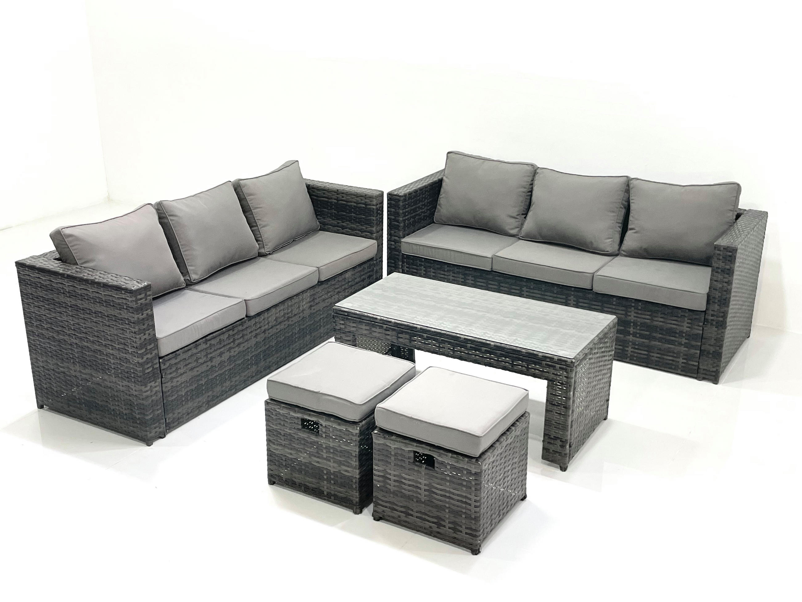 GARTENMÖBEL COUCHTISCH SET mit Sofa Polyrattan Outdoor 8-Sitzer - Dunkelgrau/Grau, Glas/Kunststoff - Fimous