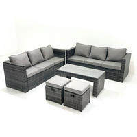 GARTENMÖBEL COUCHTISCH SET mit Sofa Polyrattan Outdoor 8-Sitzer - Dunkelgrau/Grau, Glas/Kunststoff - Fimous