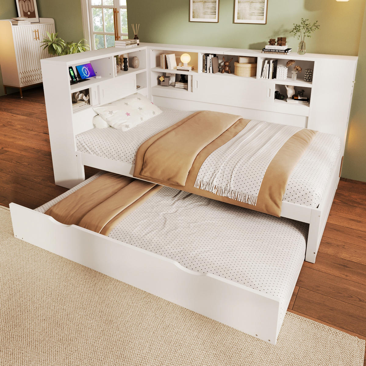 KINDERBETT mit Ausziehbett und Stauraum 90x200 cm Weiß - Weiß, Holz (90/200cm) - Meubliv