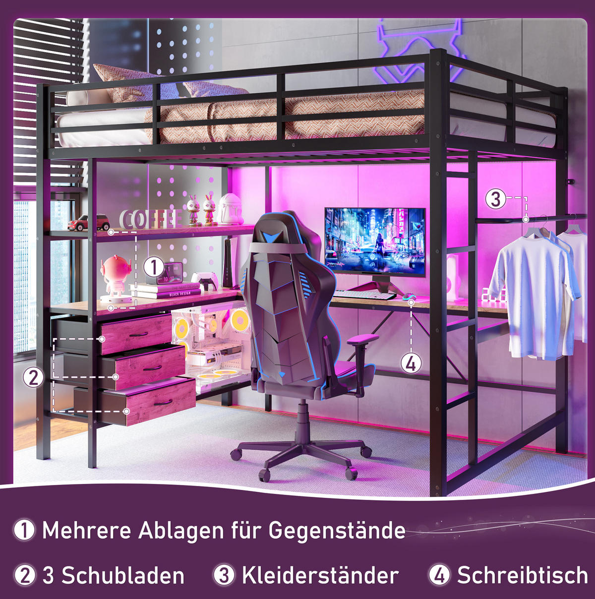 HOCHBETT mit Schreibtisch 140/200 cm in Schwarz – mit Stauraum, LED und Treppe - Schwarz, Metall (140/200cm) - BEAOK