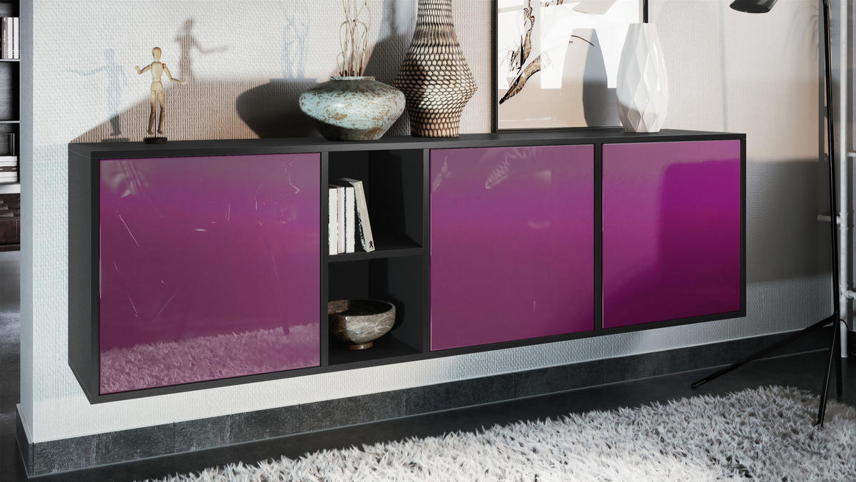 SIDEBOARD Cuba Türen in Brombeer Hochglanz - Brombeere, Holzwerkstoff (182/53/35cm) - Vladon