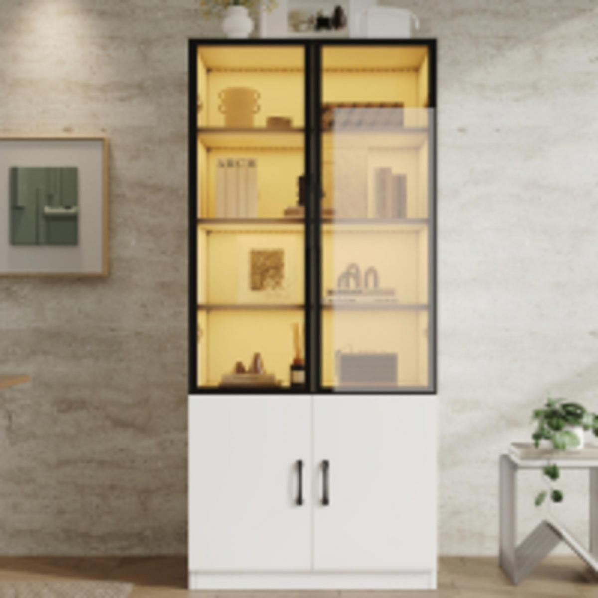 VITRINE Weiß mit Aluminiumrahmen und farbwechselnder LED-Beleuchtung 60×40×160 cm aus Spanplatte & Sicherheitsglas - Weiß, Holzwerkstoff (60/160/40cm) - Luhomfu