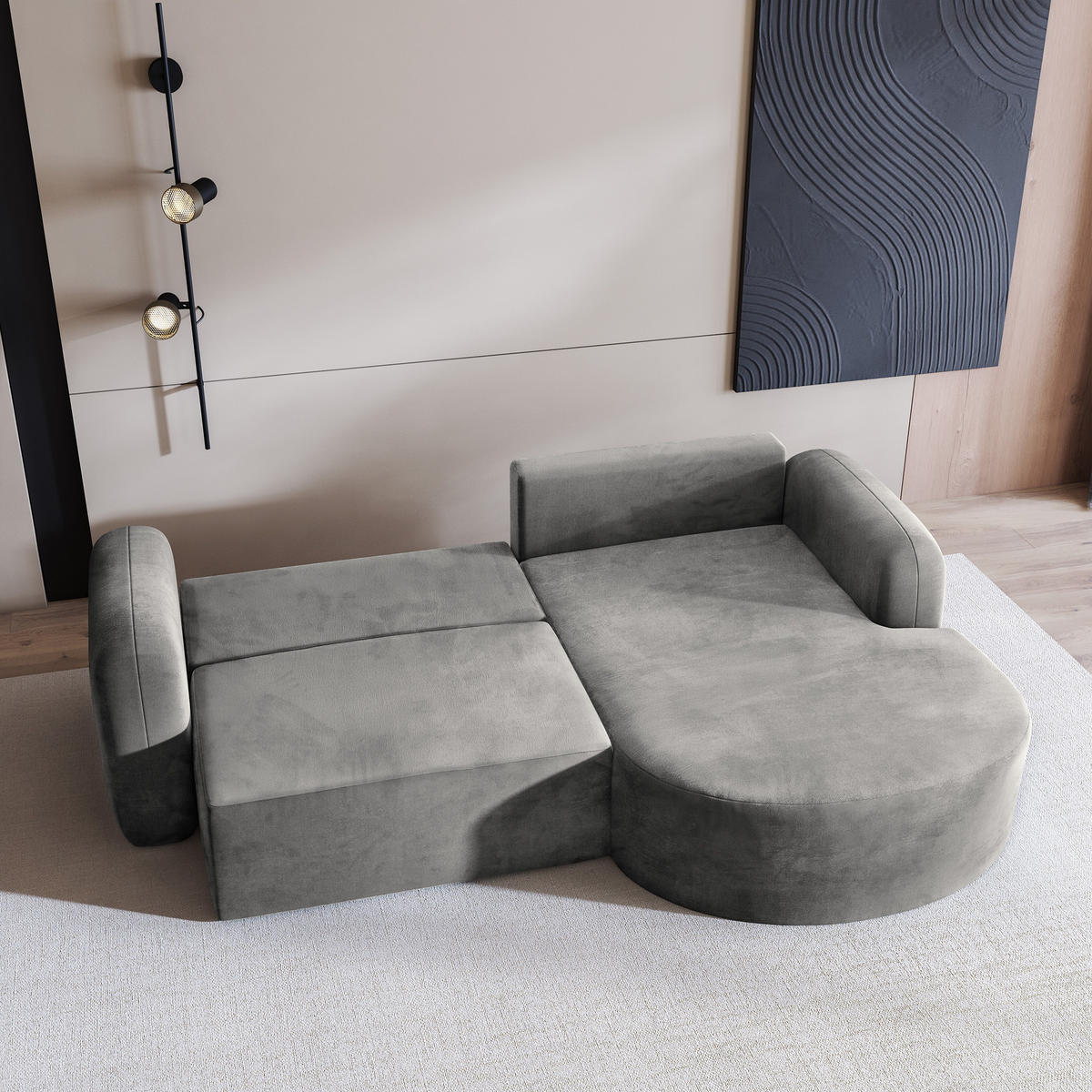 ECKSOFA AMILIA M R-S Hellgrau Velours-Stoff mit Schlaffunktion - Hellgrau, Holz (263/174cm) - MASSENO