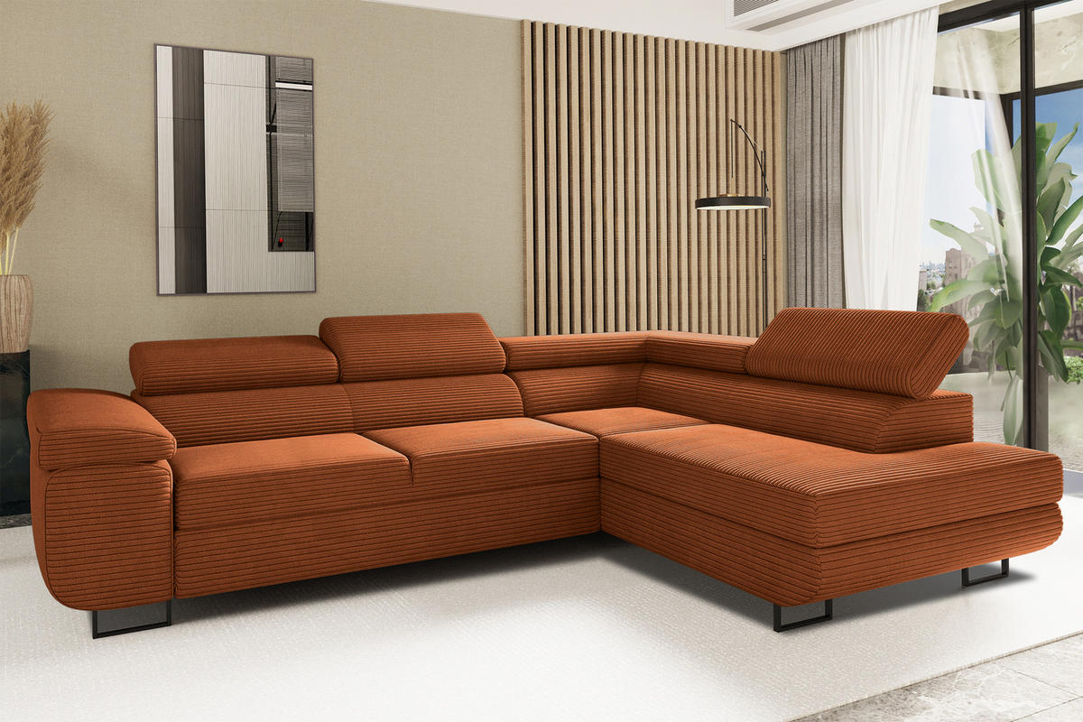 ECKSOFA ATOMIC Mit Schlaffunktion, Stoff Poso, Kupfer, Rechts - Rostfarben, Holz (277/203cm) - Kaiser Möbel
