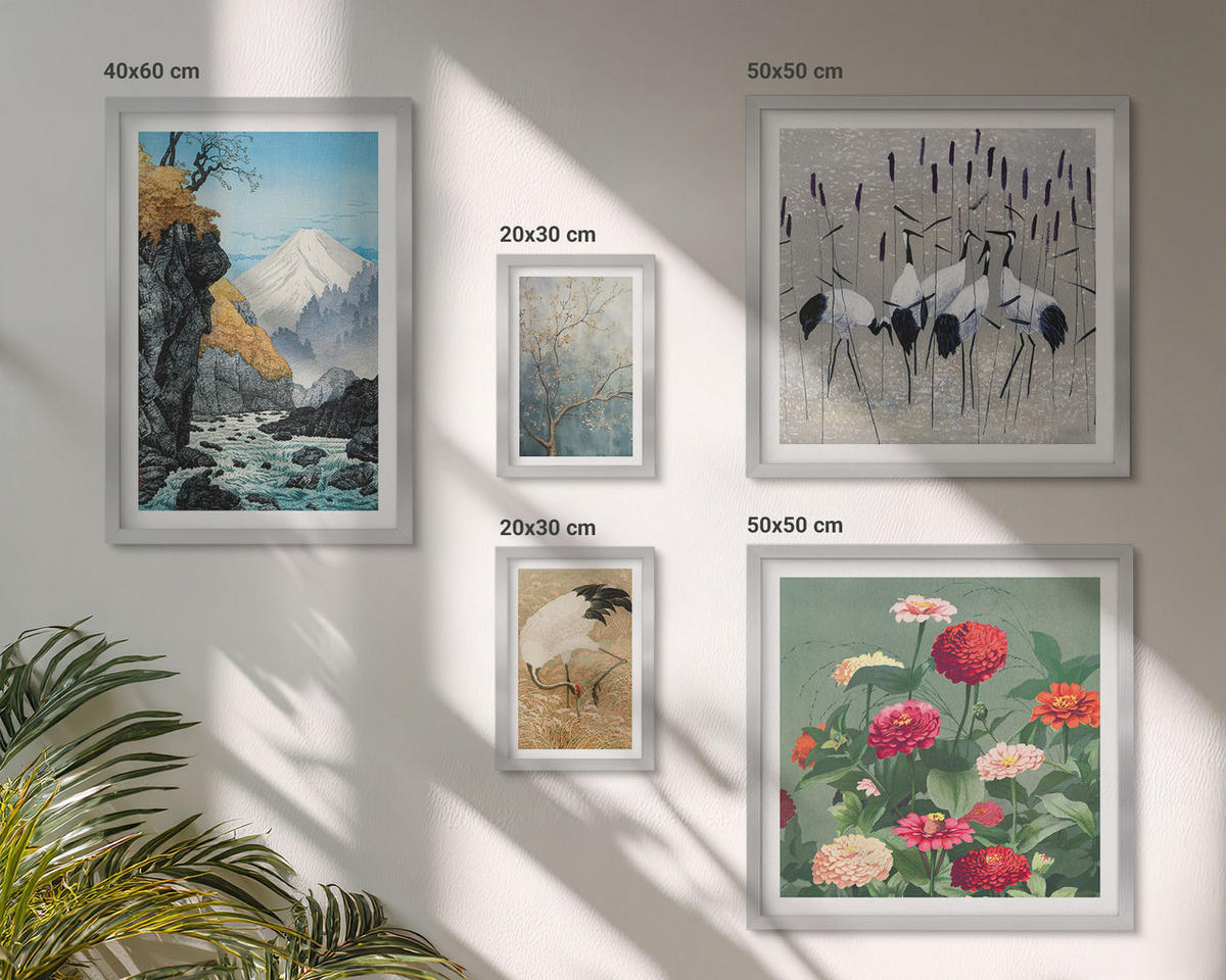 BILDER SET 5er Set - 50x50 cm & 20x30 cm & 40x60 cm Silberner Rahmen - Berge, Fluss, Blumen, Kraniche - Silberfarben, Kunststoff (40/60cm) - TULUP