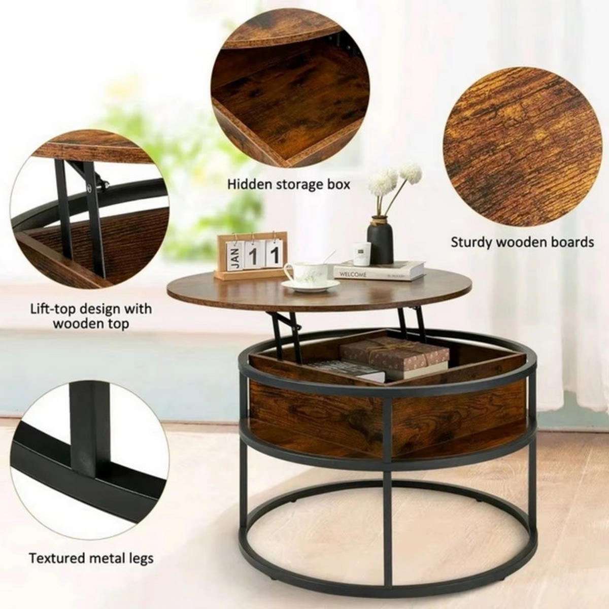 COUCHTISCH rund höhenverstellbar Landhausstil versteckter Stauraum Holz Grau - Grau, Holz (80/80/60cm) - Kaket